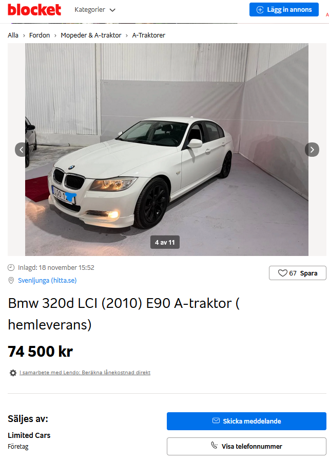Bmw 320d LCI (2010) E90 A-traktor ( hemleverans)