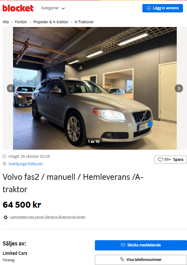 Volvo fas2 / manuell / Hemleverans /A-traktor